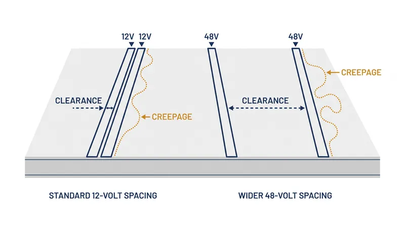 Upgrading legacy components to 48 volts requires redesigning circuit boards with wider spacing to prevent electrical arcing.