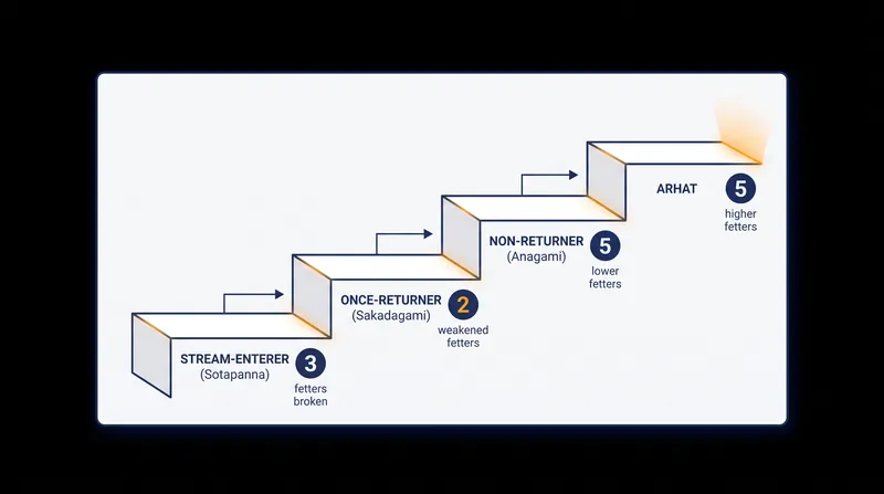 The Theravada tradition maps enlightenment across four distinct stages, culminating in Arhatship.