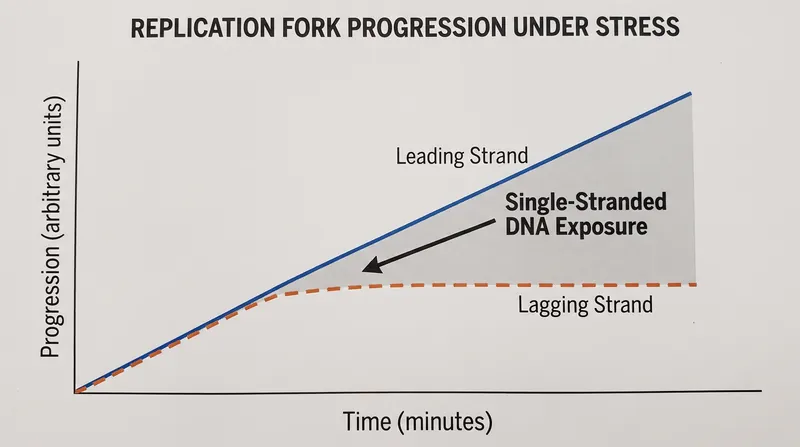 Under environmental stress, the lagging strand stalls while the leading strand continues, exposing vulnerable DNA.