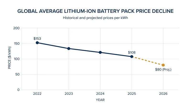 Global average battery pack prices are projected to fall by nearly 50 percent between 2022 and 2026.