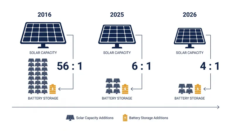 As battery prices fall, power grids are deploying storage at a rate that is rapidly catching up to new solar capacity.