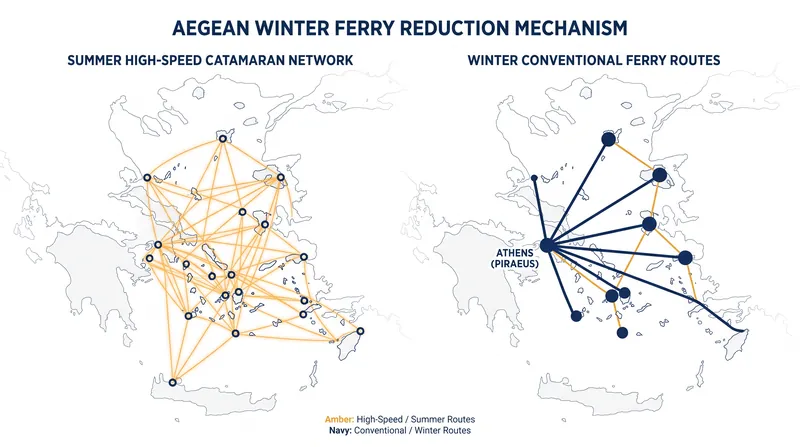The Aegean ferry network contracts from a dense web in summer to a strict hub-and-spoke model in winter.