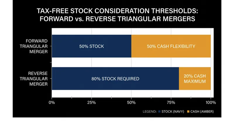 Reverse triangular mergers require a significantly higher percentage of stock consideration to qualify as tax-free.