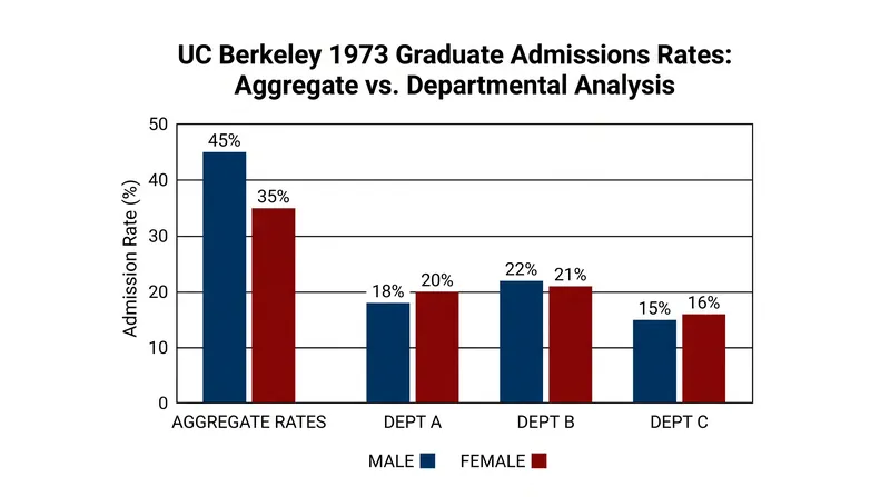 The aggregate admissions data suggested severe bias, but departmental stratification revealed women were applying to far more competitive programs.