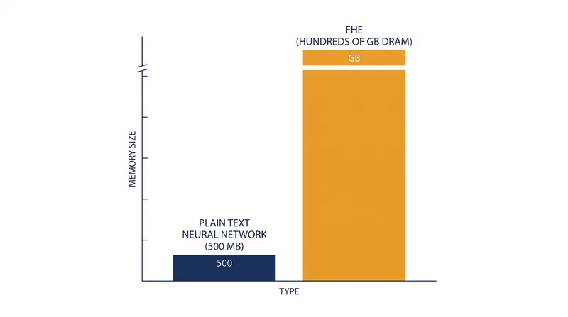 Memory requirements for neural network inference expand exponentially under FHE.