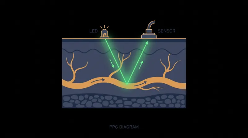Photoplethysmography (PPG) measures the reflection of light off blood vessels to estimate heart rate.