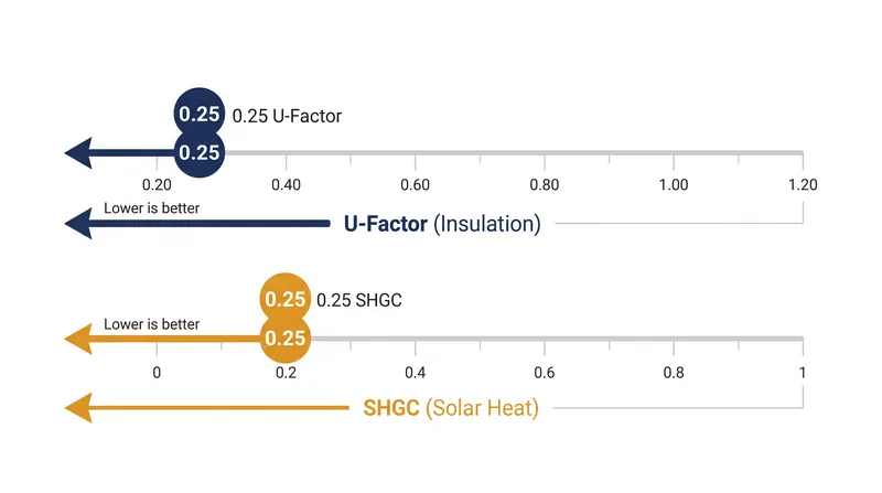 U-Factor dictates insulation against the cold, while SHGC dictates protection from solar heat.