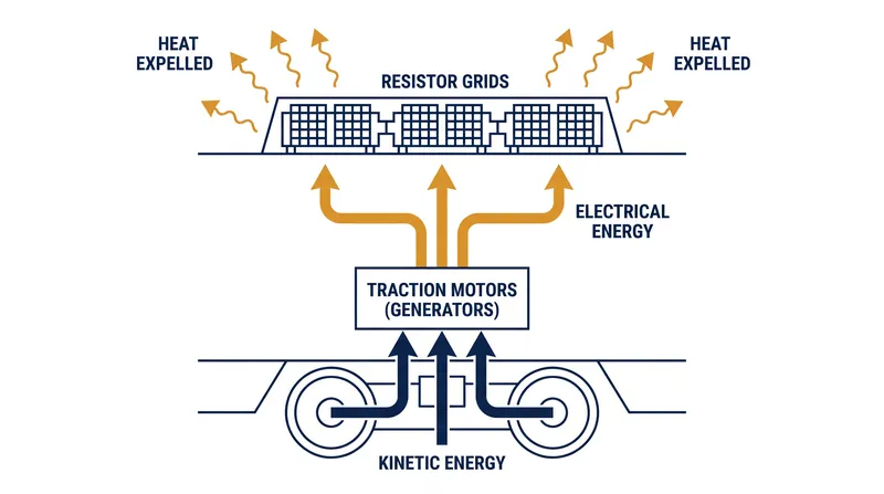 During dynamic braking, traction motors act as generators, sending electrical current to roof grids where it is burned off as heat.