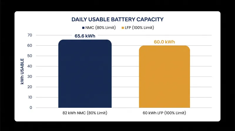 When manufacturer charging limits are applied, a standard-range LFP battery delivers nearly the same daily usable energy as a premium extended-range pack.