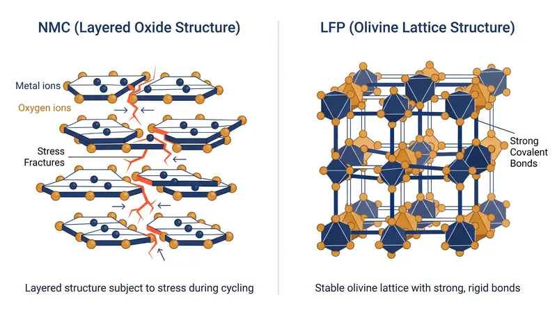 The iron-phosphorus bonds in an LFP cell resist the mechanical stress that degrades traditional batteries at high states of charge.