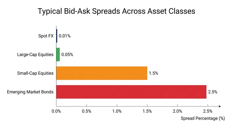 Illiquid assets carry significantly wider spreads to compensate for higher inventory risk.