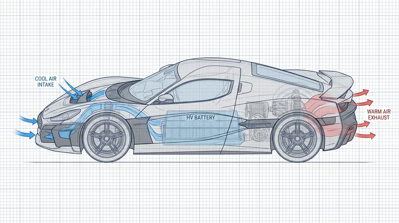 Aerodynamic porosity routes air through the chassis to cool the battery pack while simultaneously generating downforce.