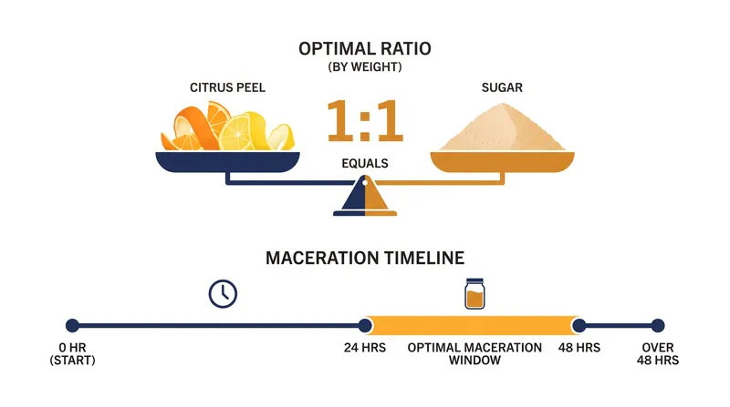 The standard formulation relies on equal parts sugar and peel by weight, steeped for up to 48 hours.