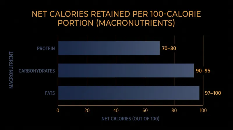 Net calories retained by the body after the digestive tax is applied to a 100-calorie portion.