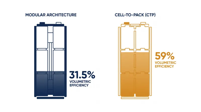 Eliminating intermediate modules allows automakers to nearly double the volumetric efficiency of the battery enclosure.