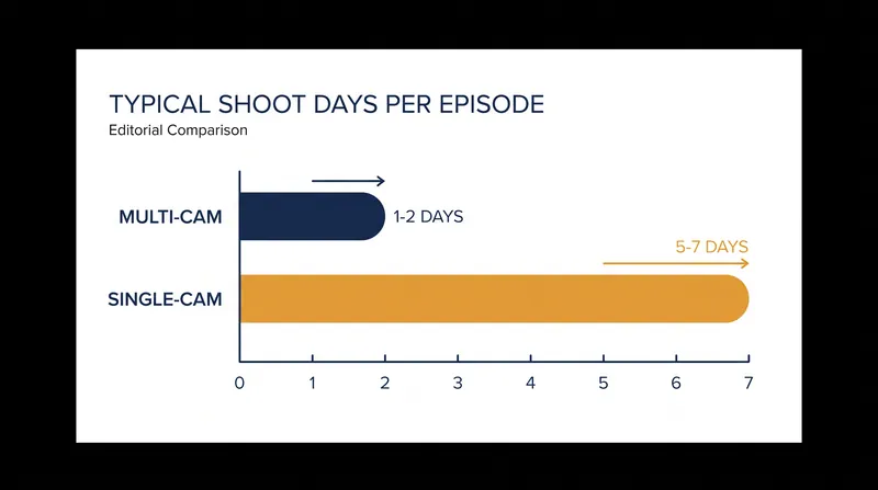The single-camera format requires nearly a full week to capture what a multi-camera crew shoots in a single night.