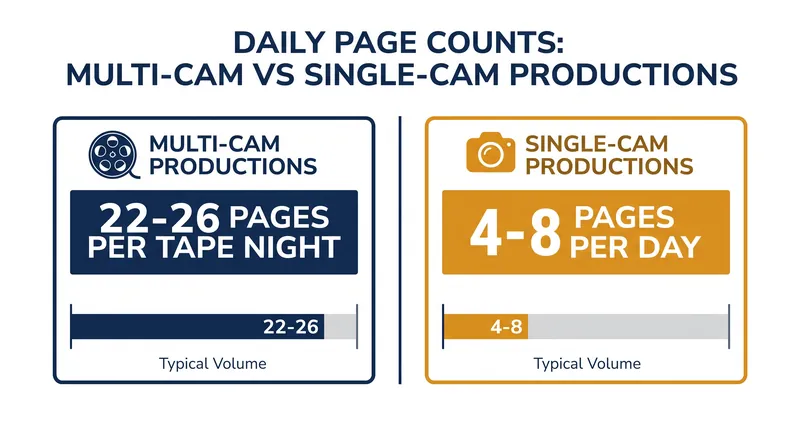 Multi-camera productions process script pages at a significantly higher daily volume than single-camera shoots.