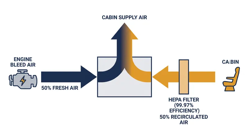 The environmental control system relies on a 50/50 mix of fresh engine bleed air and HEPA-filtered recirculated air.