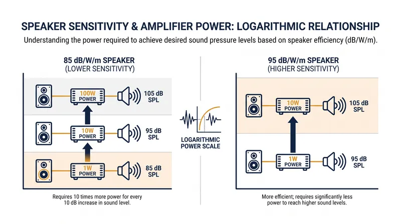 A 10-decibel difference in sensitivity means the less efficient speaker requires ten times the amplifier power to reach the same volume.