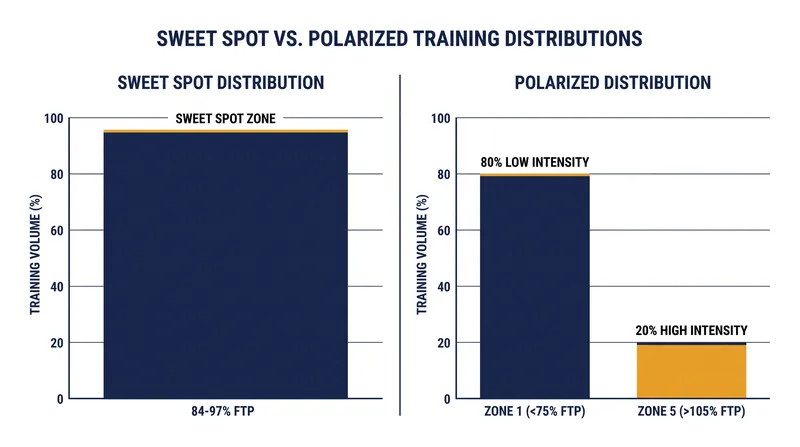 Polarized training separates intensity into extremes, while sweet spot targets a highly specific moderate zone.