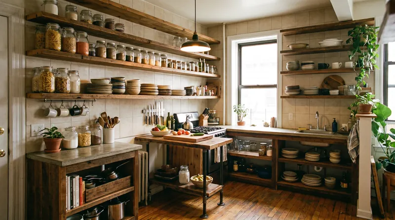 Zero-cabinet kitchens rely entirely on curated vertical storage and decanted consumables.