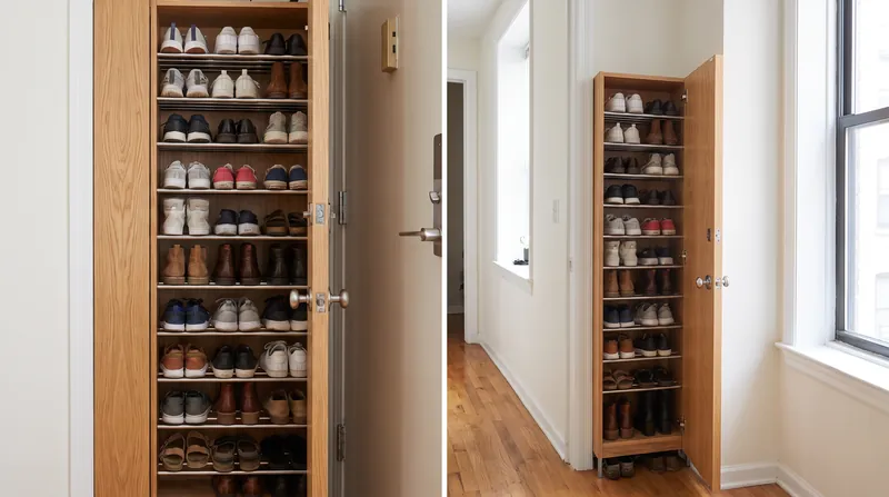 High-density vertical organizers compress floor storage to maintain unbroken walking paths.