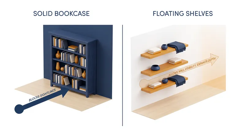 Floating fixtures reduce visual density by allowing the wall behind them to remain visible.
