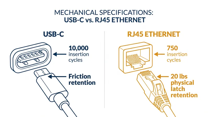 While USB-C is rated for more straight-in insertions, RJ45 offers vastly superior physical retention force.