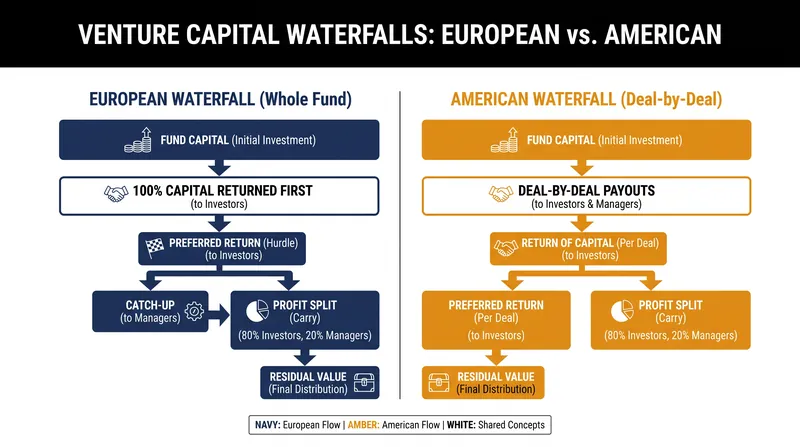 European waterfalls delay profit sharing until the entire fund is profitable, while American waterfalls allow deal-by-deal payouts.