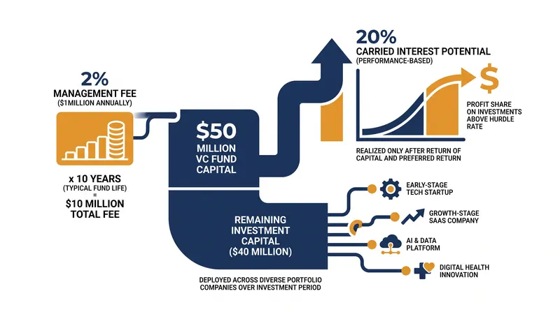 For a $50 million fund, the 2% management fee covers operational overhead, leaving carried interest as the primary source of wealth generation.