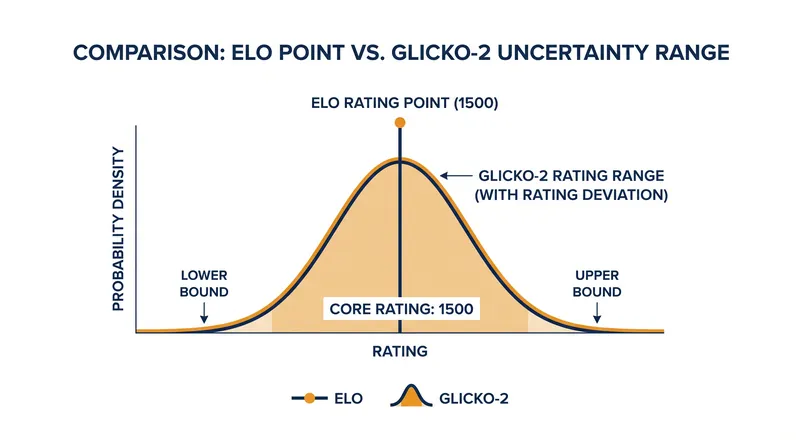 Unlike traditional Elo, Glicko-2 uses a Rating Deviation parameter to measure mathematical uncertainty.