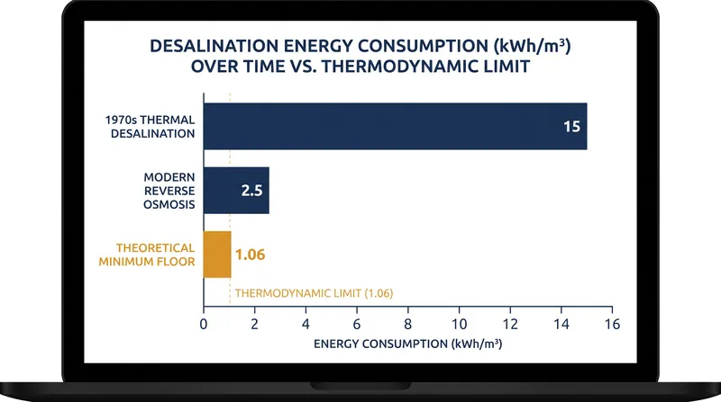 Modern reverse osmosis has dramatically closed the efficiency gap, operating at roughly two to three times the absolute physical limit.