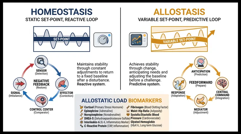 The allostatic load index tracks the cumulative biological wear and tear of chronic predictive adaptation.