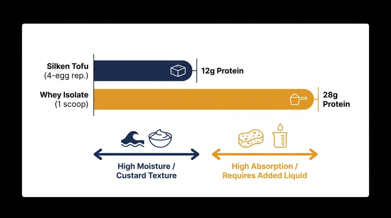 While whey isolate delivers higher protein density, silken tofu provides the moisture necessary for a tender crumb.