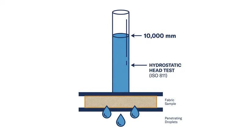 The ISO 811 standard measures how tall a column of water must be before three drops penetrate the fabric.