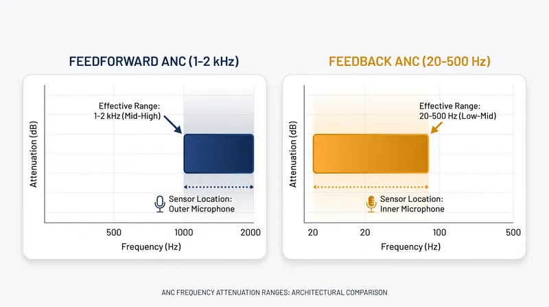 Feedforward systems excel at higher frequencies, while feedback systems target low-frequency rumble.