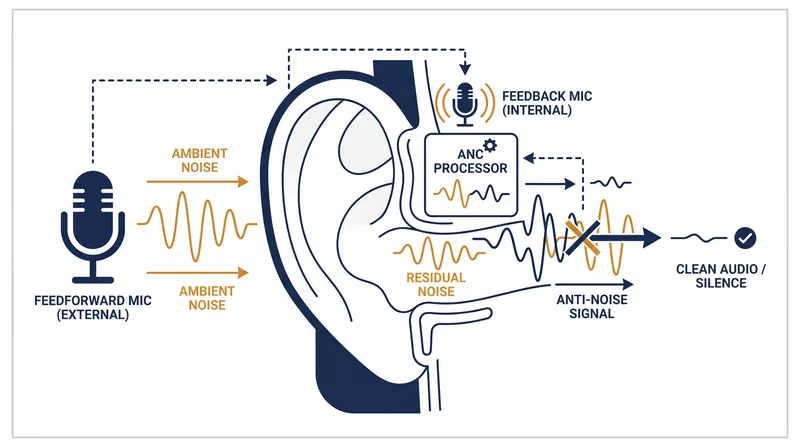 Hybrid ANC utilizes both external and internal microphones to provide broad-spectrum noise cancellation and real-time error correction.