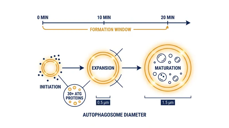The physical scale and timeline of autophagosome construction in mammalian cells.