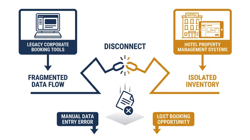 Legacy corporate booking tools historically severed the connection to a hotel's central reservation system.