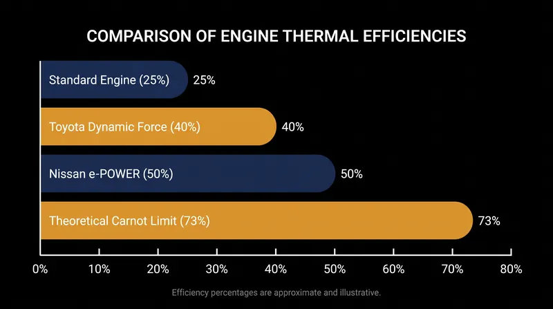 Even the most advanced production engines operate well below the theoretical thermodynamic ceiling.
