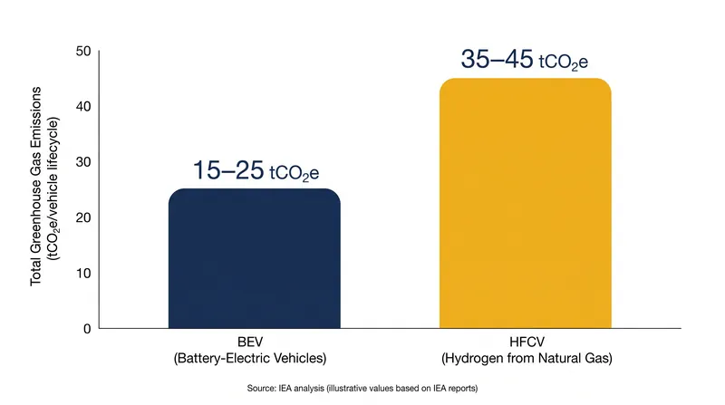 When hydrogen is derived from fossil fuels, the total emissions profile of a fuel cell vehicle can exceed that of a hybrid.