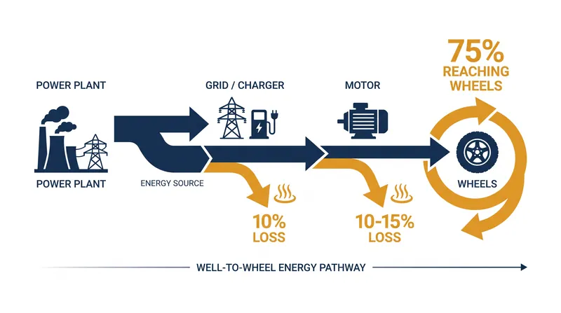 Battery-electric vehicles retain the vast majority of their original grid energy by avoiding chemical conversions.