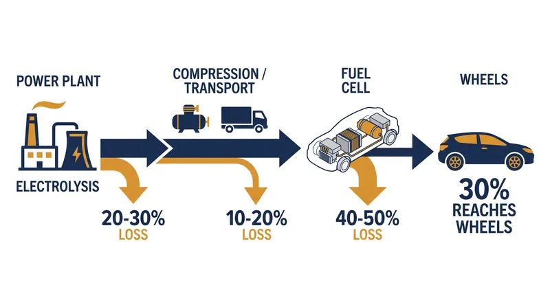 Hydrogen fuel cell vehicles lose roughly 60% to 70% of their source energy to heat and compression before the wheels turn.