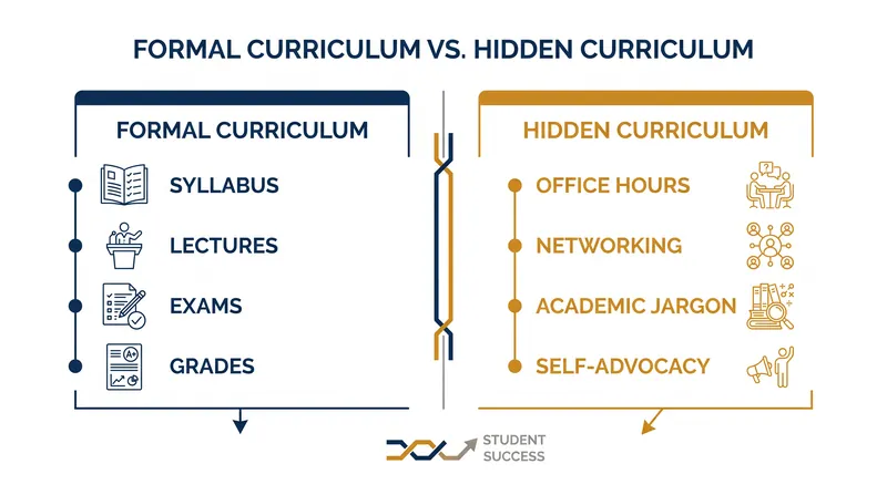 The hidden curriculum encompasses the unwritten social and academic expectations required for collegiate success.