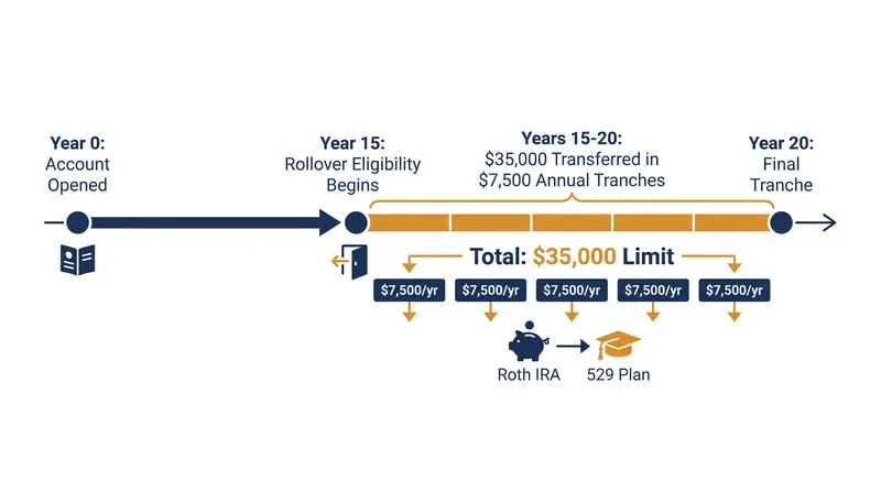 The strict aging requirements mandate a 15-year holding period before any funds can be transferred to a Roth IRA.