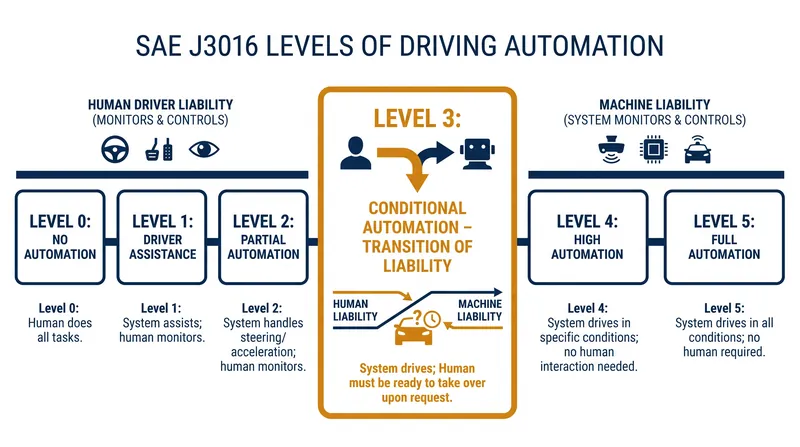 The SAE J3016 standard divides driving automation into six tiers, with Level 3 representing the critical handoff of liability.
