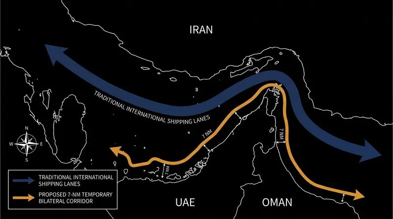 The proposed Oman-Iran temporary corridor routes traffic exclusively through the territorial waters of the two coastal states.