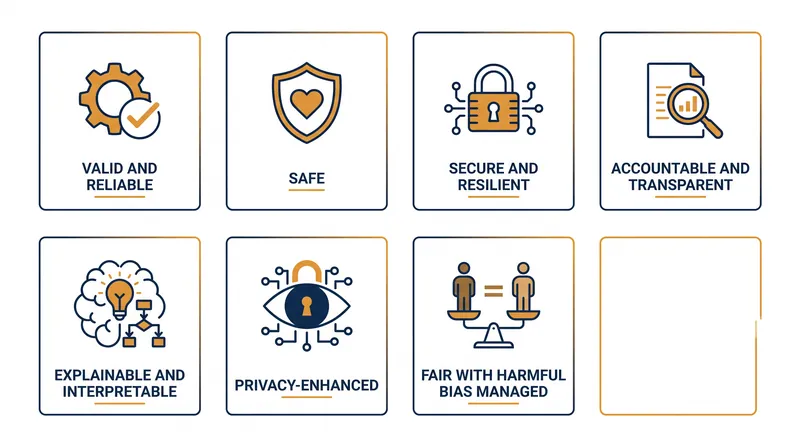 The framework defines seven characteristics that organizations must balance to achieve trustworthy AI.