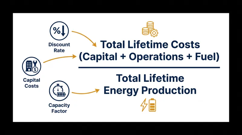 The LCOE formula reduces complex lifetime expenses into a single dollar-per-megawatt-hour figure.