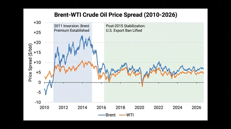 The lifting of the U.S. export ban in 2015 re-tethered WTI to the global Brent price, narrowing the historical spread.
